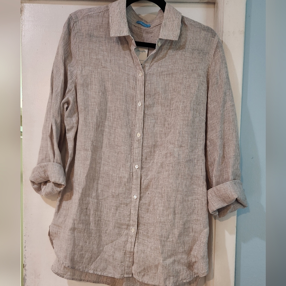 J.McLaughlin tan/white striped, large, Britt Linen Shirt - Picture 2 of 11